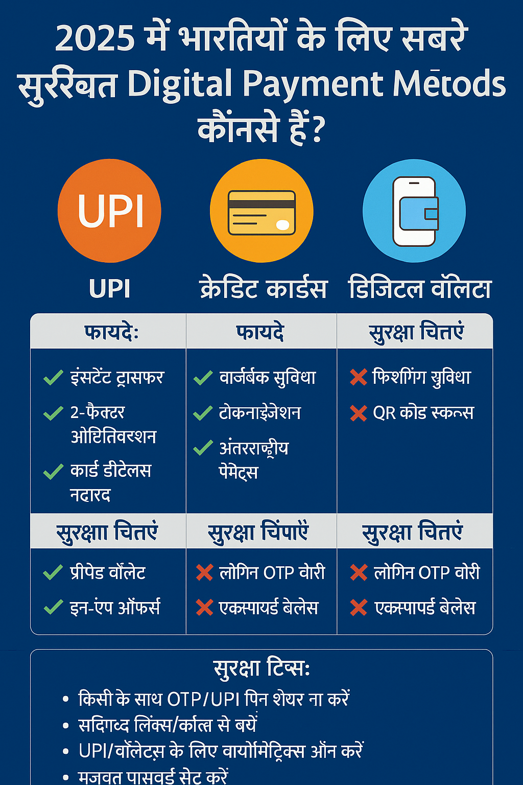 2025 में भारतीयों के लिए सबसे सुरक्षित डिजिटल पेमेंट मेथड्स की जानकारी देती एक हिंदी इन्फोग्राफिक, जिसमें UPI, क्रेडिट कार्ड और वॉलेट के फीचर्स और सुरक्षा तुलना दिखाई गई है"
