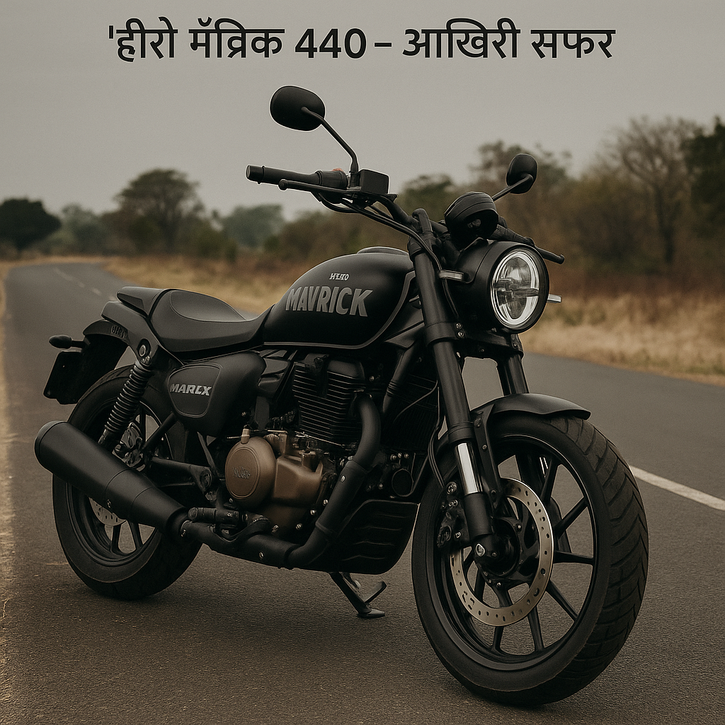 Discontinued Hero Mavrick 440 motorcycle parked on an open road under a cloudy sky with Hindi text 'हीरो मॅवरिक 440 - आखिरी सफर'"