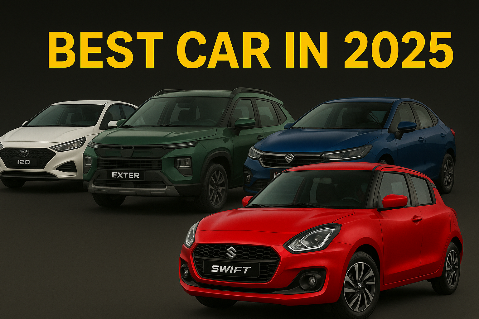 Best Car in 2025 thumbnail featuring Maruti Suzuki Swift, Hyundai Exter, Hyundai i20 और Maruti Baleno का collage, dark background के साथ