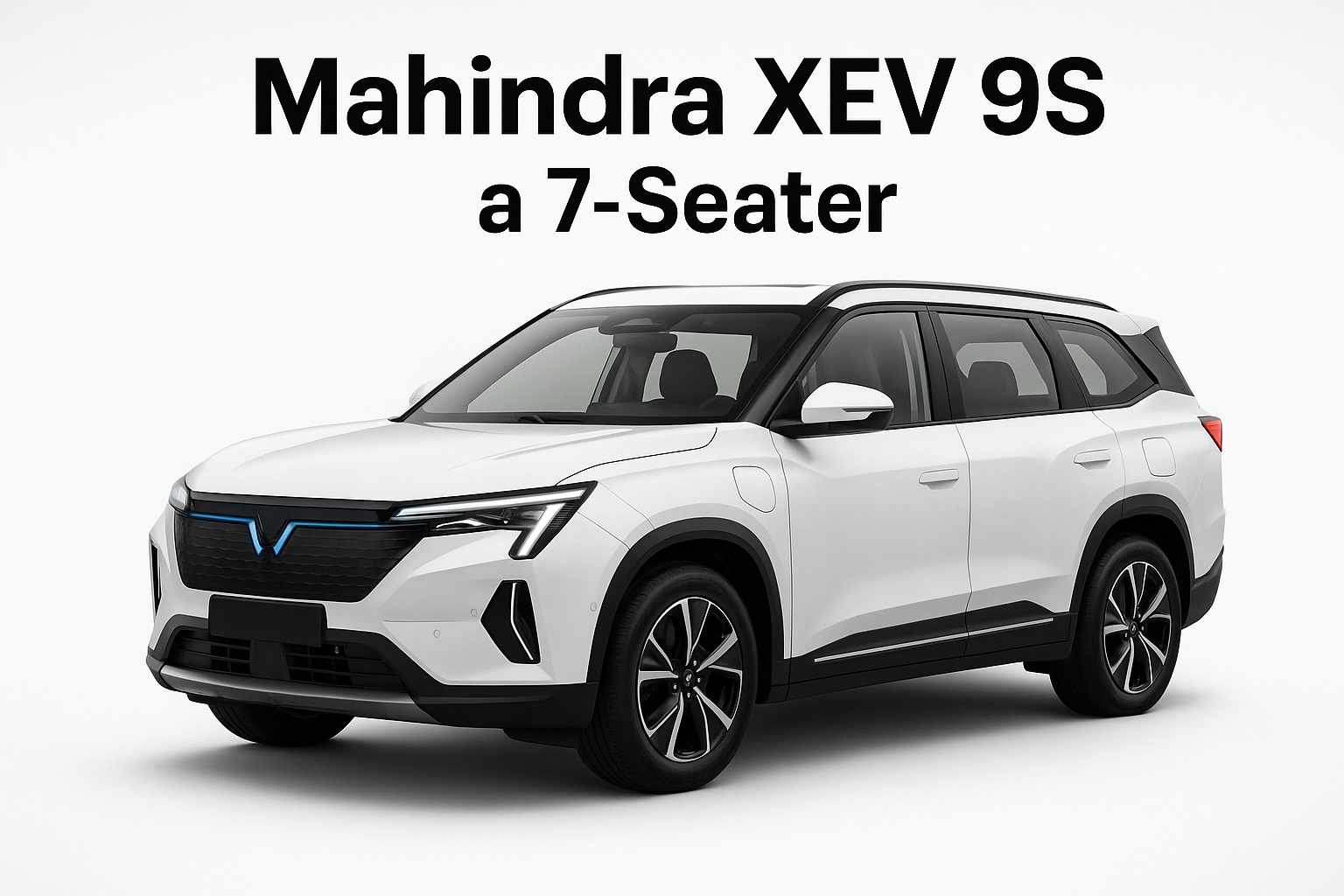 “Mahindra XEV 9S 7-seater electric SUV shown in four angles including front, rear, side, and three-quarter view in White colour.”