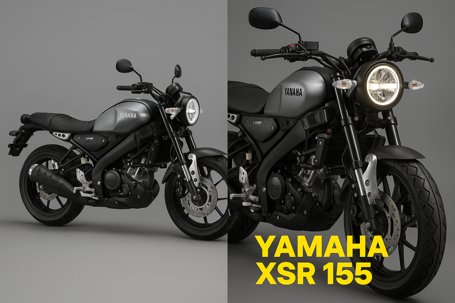 Yamaha XSR 155 price thumbnail showing neo-retro motorcycle with round LED headlight, golden USD forks, and premium design in a dark studio background."