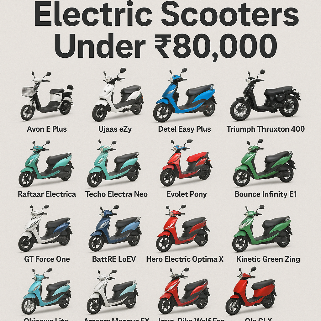 A comparison grid showcasing 15 budget electric scooters under ₹80,000 in India, including models like Avon E Plus, Ujaas eZy, Detel Easy Plus, Raftaar Electrica, Techo Electra Neo, Evolet Pony, Bounce Infinity E1, GT Force One, BattRE LoEV, Hero Electric Optima CX, Kinetic Green Zing, Okinawa Lite, Ampere Magnus EX, Joy e-Bike Wolf Eco, and Ola S1 X, all displayed on a clean grey background